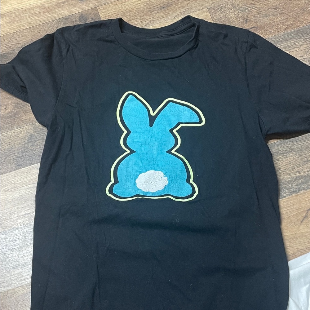 Black Short Sleeve Tee with Blue Bunny Graphic